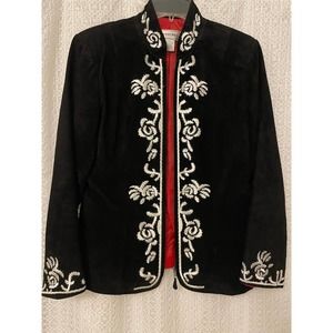 Vintage Women’s Suede Leather Black / White Floral Embroidered Zip Jacket - 8
